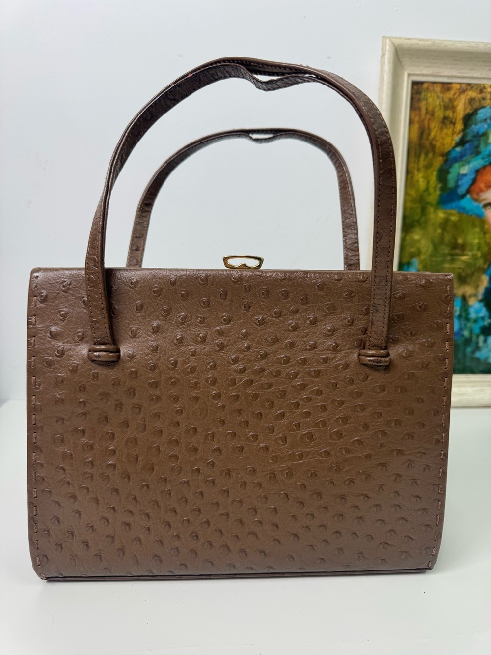 1940/50 WALDYBAG Genuine Ostrich Leather England Tan Handbag Purse Vintage Suede